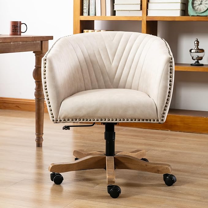 Beige Faux Leather Home Office Desk Chair, Upholstered Barrel Swivel Adjustable Arm Desk Chair with Nailheads, Comfy Mid-Back Study Chair with Silent Wheel for Study Office Computer