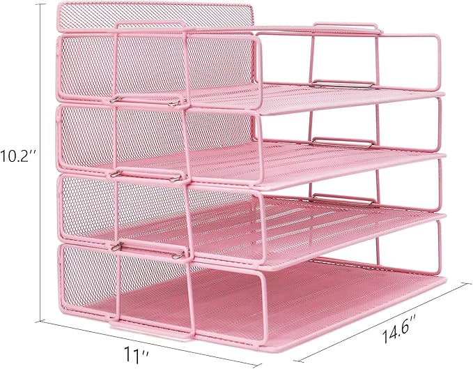 LUCYCAZ Desk Organizer - Stackable Paper Tray, 4 Tier Pink Letter Tray, 5 Trays Metal Paper Organizer for Desk, File Organizer for School Home and Office
