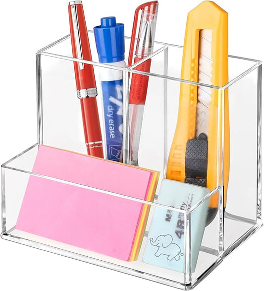Pen Holder for Desk, Clear Acrylic Pencil Holder for Desk, Marker Holder with 3 Compartments, Pencil Organizer for Home, Office, Classroom, Bathroom