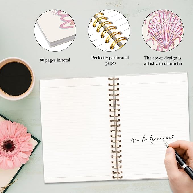 JXREQ Cute Pink Seashell Coastal Notebook Journal for Women, Preppy Pink Journaling Notebooks Coquette Office School Supplies, Beachy Spiral Notebooks 5.5x8.3