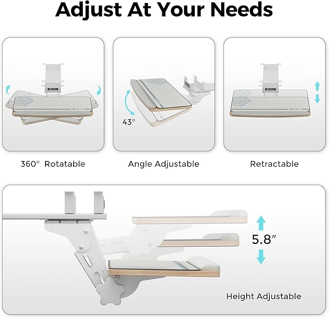 EUREKA ERGONOMIC Keyboard Tray Height Adjustable, Swivel Tilt Computer Keyboard Drawer Under Desk, 25x9.13'' Sliding Keyboard & Mouse Platform with Mouse Pad for Typing, Maple