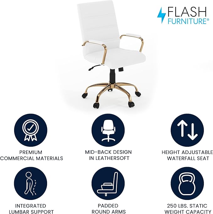 Flash Furniture Whitney Mid-Back Swivel LeatherSoft Desk Chair with Padded Seat and Armrests, Adjustable Height Padded Office Chair, White/Gold