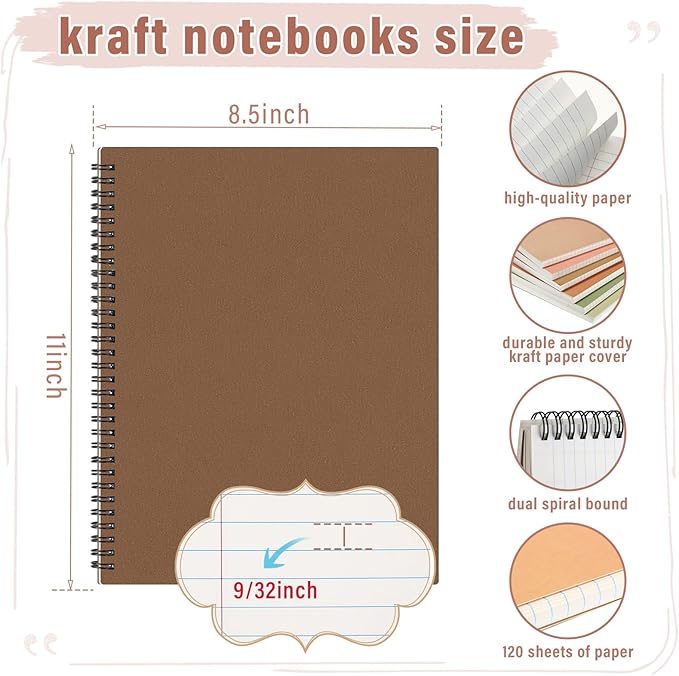 Glenmal 6 Pcs Spiral Notebook for Work A4 8.5 x 11'' College Ruled Spiral Journal Notebook Kraft Cover Ruled Paper, 120 Sheets 240 Pages for Office Study Supplies(Elegant Color)