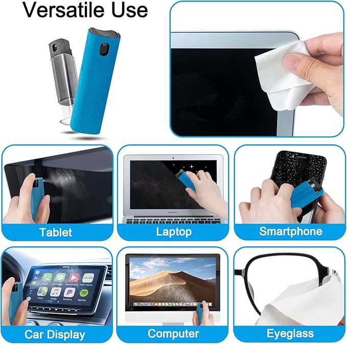 2 Pack Car Touch Screen Mist Cleaner, walrfid Laptop Screens and Phone Touchscreen Cleaning Kit for iPad, iPhone, MacBook Pro with Aipods Cleaning Pen, Small Brush and Eyeglass Cloth - Grey and Blue