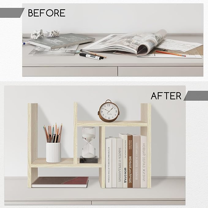 Jerry & Maggie Desktop Organizer Office Storage Rack Adjustable Wood Display Shelf Free Style Double H, Multi-Functional Mini Bookshelf for Desk Natural Stand (White Wood Tone)