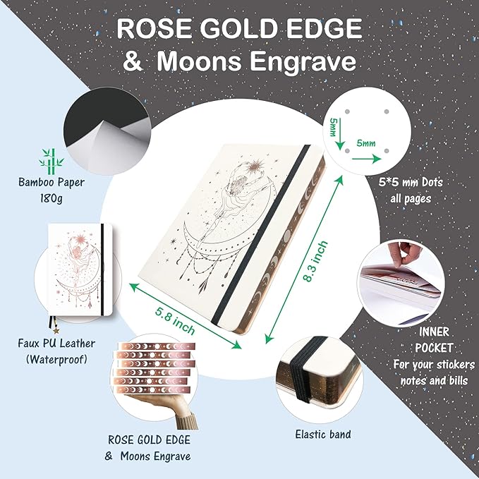BUKE Medium A5 Hardcover Notebook Dotted Journal - 180Gsm Thick Bamboo Paper - 160 Dot Grid Pages 5x5 MM - White Color Faux PU Leather Cover - Rose Gold Edge And Moons (A5, White)
