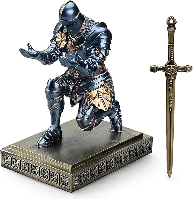Medieval Armored Warrior Knight Pen Holder Desk Organizers and Accessories Resin Pencil Holder Paperweight as Gift with a Cool Letter Opener for Desk (Blue)