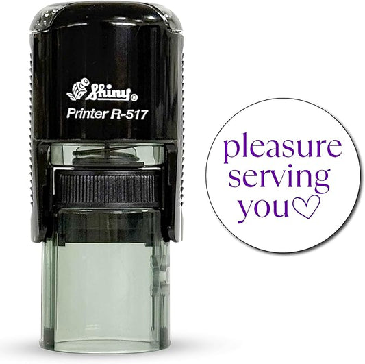 Shiny Pleasure Serving You Stamp, Round Self Inking Stamp for Office and Retail, Purple Ink