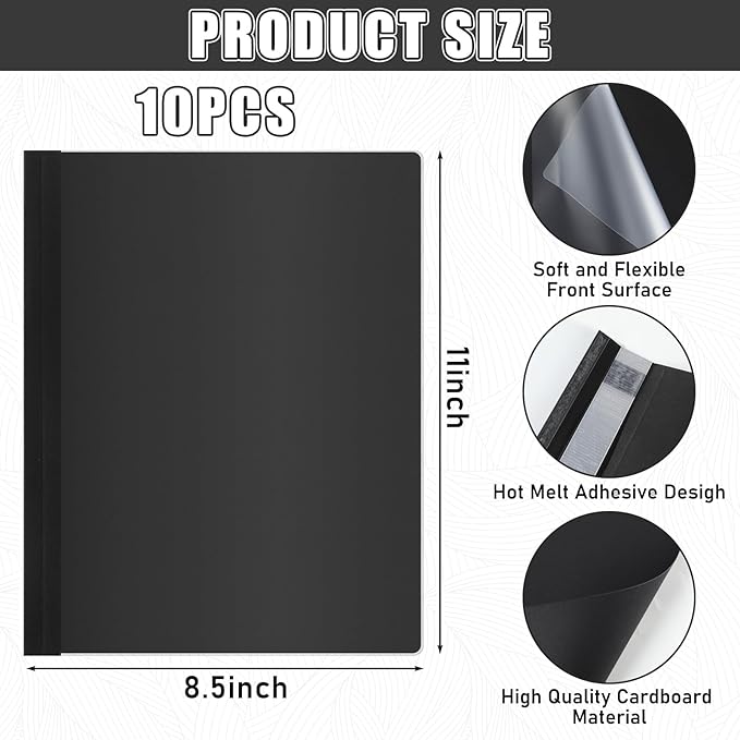 10 Pcs Thermal Binding Covers, 8.5 x 11 Inch Letter Size, 1 Inch Spine Holds 240 Sheets, Clear Front Paper Back Report Cover Suitable for Schools Offices Presentation(Black)