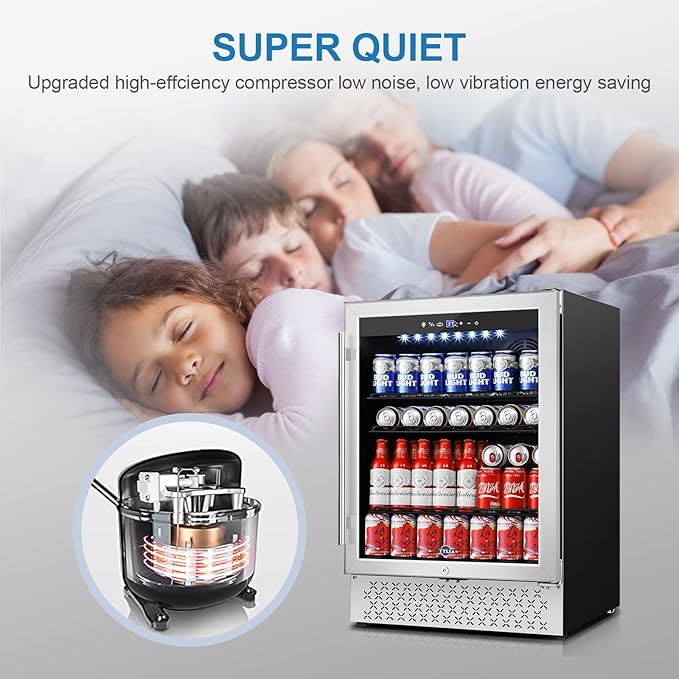 Tylza Beverage Refrigerator 24 Inch, 190 Can Built-in/Freestanding Beverage Cooler Fridge with Glass Door and Advanced Cooling Compressor for Beer and Soda or Wine, Low Noise, 37-64 F