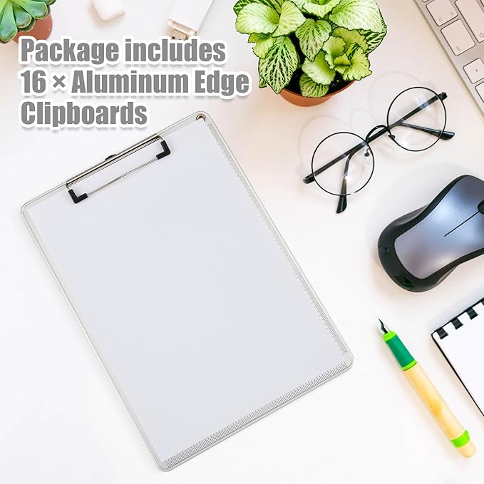 16 Pieces Metal Clipboard, A4 Letter Size 12.5 x 9 Inch Aluminum Edge Document Holder with Scale Aluminum Edge Clipboard with Low Profile Clip Vertical Silver Hardboard for Office