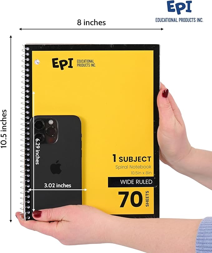 EPI Spiral Notebook | Wide - 70 Sheets, Durable Spiral Binding | 10.5 x 8 in | Classroom Supplies | School, Office, Note Taking, Journaling - 3 Pack
