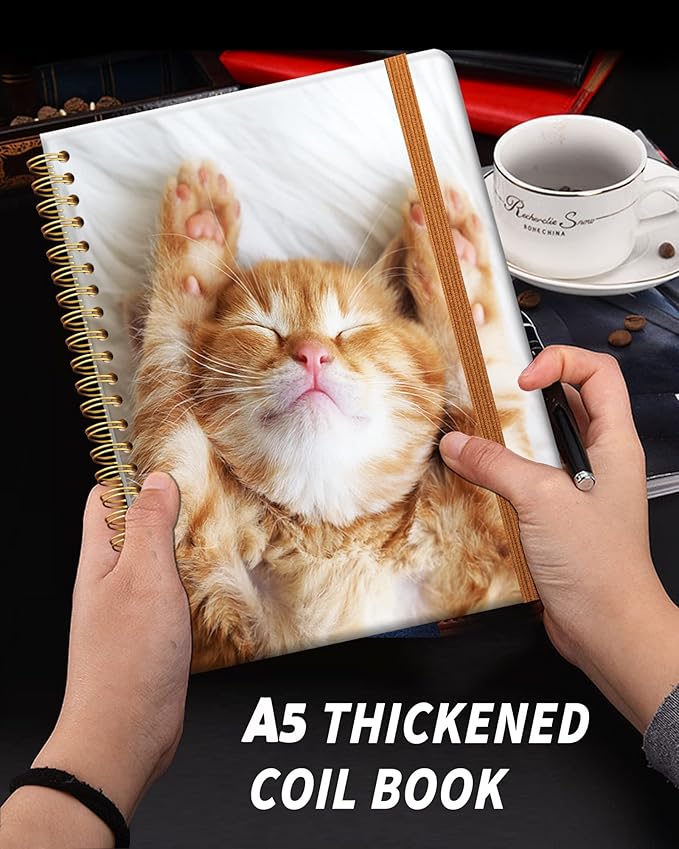 Ruled Spiral Writing Notebook,A5 Hardcover Lined College Journal for Women Lady Girl,Cute Strong Twin-Wire Binding with Premium Paper,8.4" X 6",Perfect for School,Office,Home Gifts(Sleeping Cat)