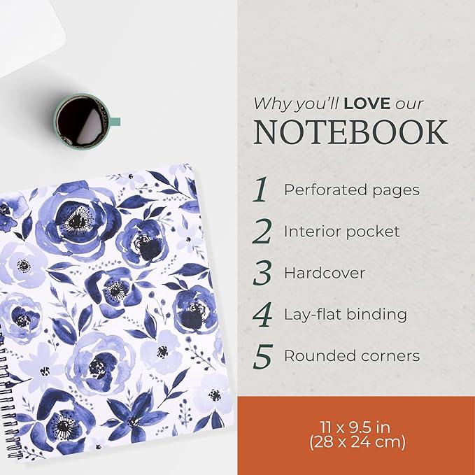 Steel Mill & Co Cute Large Spiral Notebook College Ruled, 11" x 9.5" with Durable Hardcover and 160 Lined Pages, Watercolor Floral (White)