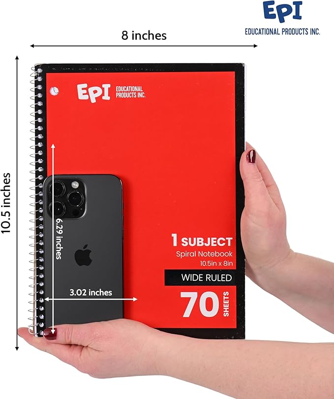 EPI Spiral Notebook | Wide - 70 Sheets, Durable Spiral Binding | 10.5 x 8 in | Classroom Supplies | School, Office, Note Taking, Journaling - 48 Pack