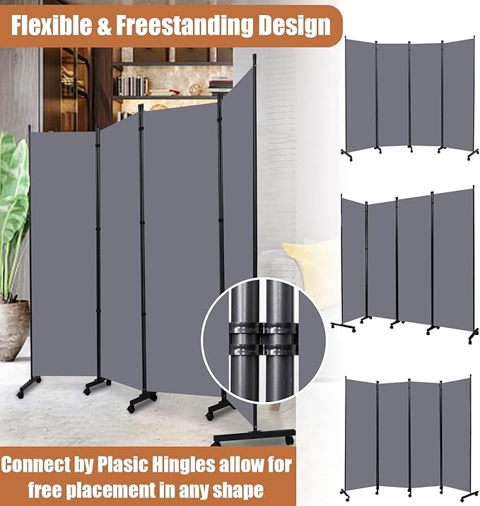 Room Divider Portable 88'' Partition Room Dividers and Folding Privacy Screens 4 Panel Wall Divider for Room Separation，Freestanding Fabric Room Divider Panel with Wheels for Home Office Hospital