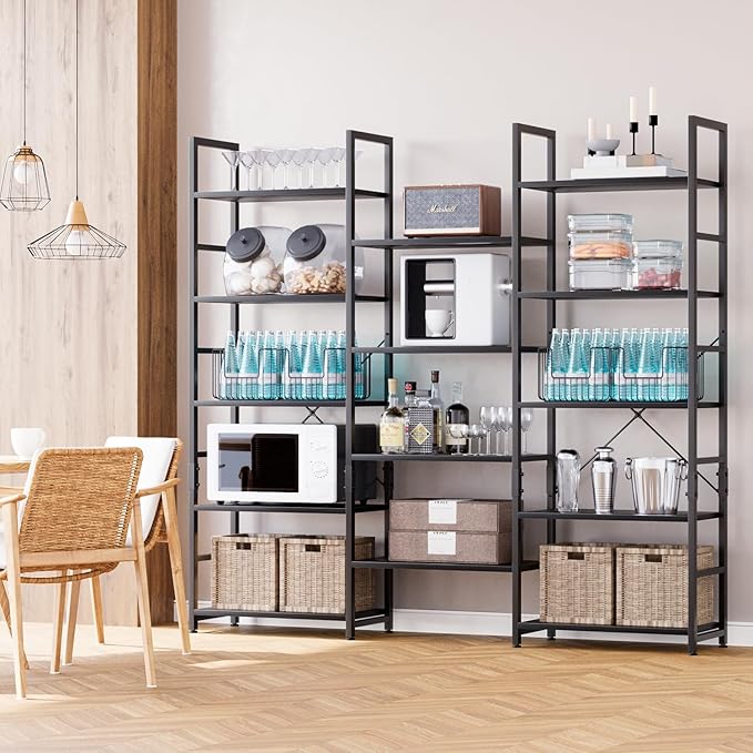 NUMENN Triple 5 Tier Bookshelf, Wide Book Shelf with 14 Open Display Shelves, Modern Tall Bookcase Furniture for Living Room Home Office, Black