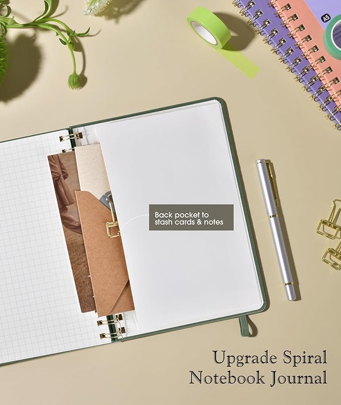 Graph Spiral Journal Notebook, A5 Hardcover Spiral Journals for Women Men, 100 GSM Graph Paper Notebooks, 150 Pages Spiral Bound Grid Notebook for Writing Note Taking Work 5.75" x 8.38", Sage Green