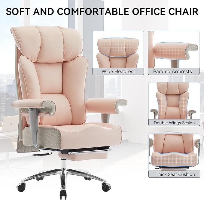 Efomao Big and Tall Ergonomic Office Chair 450LBS with Foot Rest, High Back PU Leather Executive Chair with Adjustable Padded Armrests, Lumbar Support for Home or Work, Heavy Duty Computer Chair, Pink