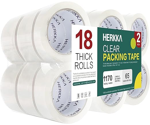 HERKKA Clear Packing Tape, 18 Rolls Heavy Duty Packaging Tape for Shipping Packaging Moving Sealing, Thicker Clear Packing Tape, 2 inches Wide, 65 Yards Per Roll, 1170 Total Yards