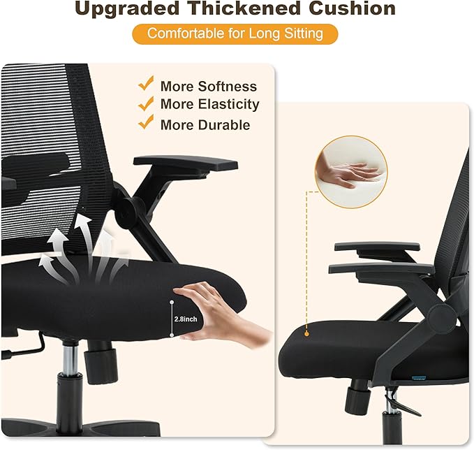 Ergonomic Office Chair Desk Chair with Adjustable Height Mesh Computer Chair Swivel Chair with Flip-up Arms and Lumbar Support Black