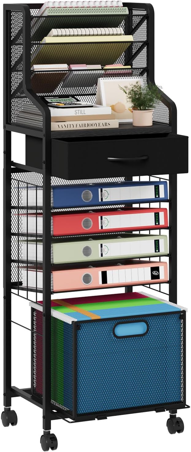 SWTYMIKI 10-Tier Rolling File Cart - Mesh Paper Organizer with Drawer and Hanging File Folders on Lockable Wheels, Wood Teacher Cart for Office Organization, Storage in Home, Studio, School (Black)