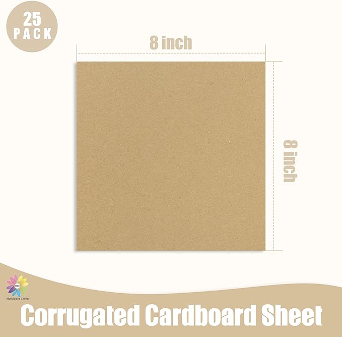 Mat Board Center, 25 Pack 8x8 Brown Cardboard sheet, 1/8 inch thick, Flat Corrugated Cardboard Inserts for Packing, Shipping, Mailing, Cardboard Backing, Art Craft Card Board