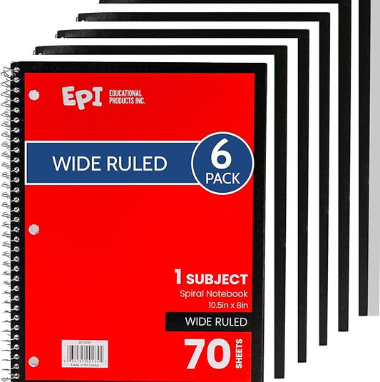 EPI Spiral Notebook | Wide - 70 Sheets, Durable Spiral Binding | 10.5 x 8 in | Classroom Supplies | School, Office, Note Taking, Journaling - 6 Pack