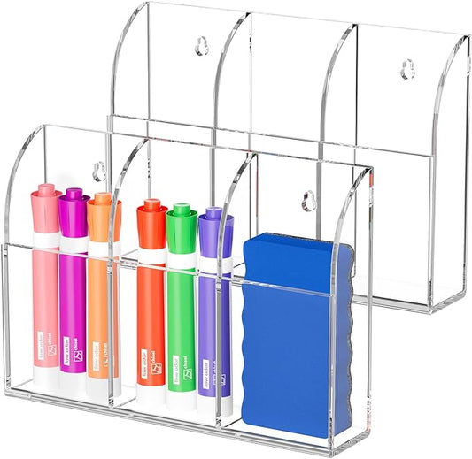 MaxGear Wall Marker Holder 3 Compartments, 2 Pack Desk Acrylic Organizer for Remotes, Pens, Makeup, Markers, Clear Remote Control Holder for Whiteboard Accessories-7.8'' x 1.6'' x 5.5''