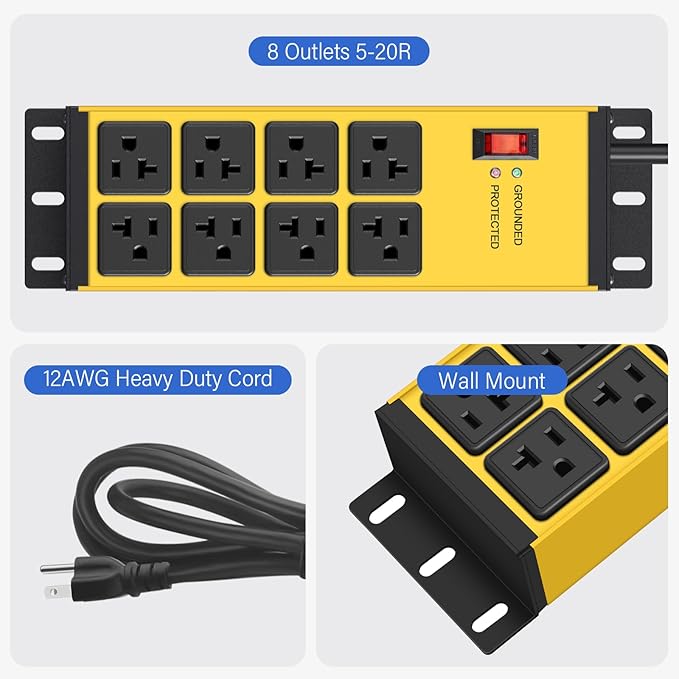 CCCEI Yellow Heavy Duty Power Strip Surge Protector 20 AMP, 8 Outlets 12 Gauge Industrial Shop Garage Metal Multiple Outlets, 4 FT Extension Cord 5-15P Adapter High Amp 6-20R T-Slot 20a for Appliance
