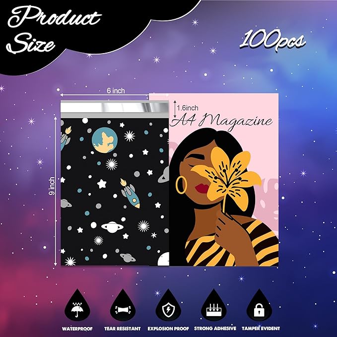 Planets Poly Mailer 6x9 Inch 100 Pcs, Waterproof Shipping Bags for Clothing, Tear-Resistant Mailier Bags, Strong Mailing Bags with Self-Seal