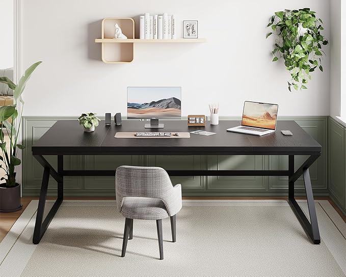 HSH Extra Long Black Computer Desk, 78 inch Large Home Office 2 person Desk, Industrial Metal Wood double Desk for Executive Work Writing Study, Modern Black Bedroom Living Room PC Laptop Gaming Table