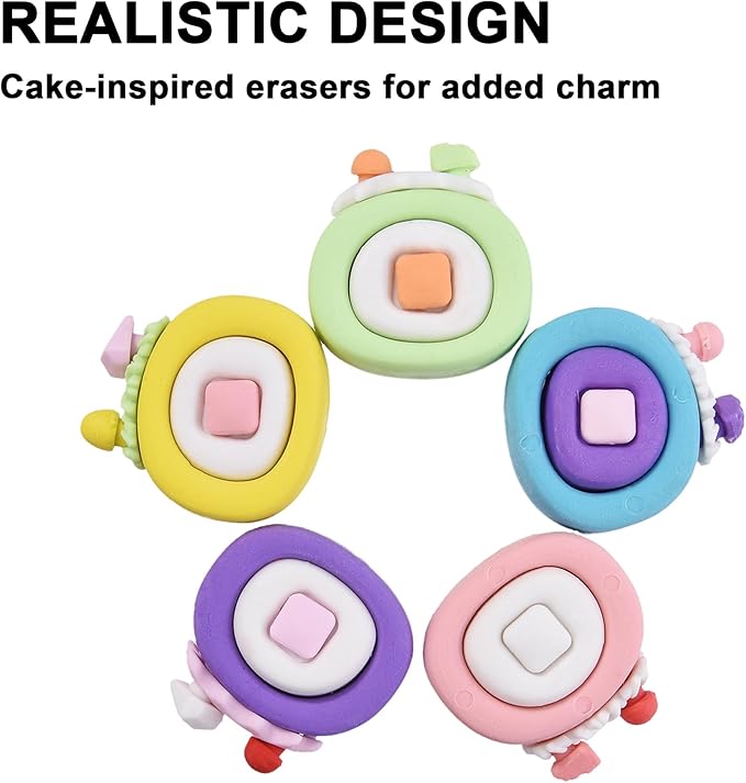 15Pcs Cute Food Shape Erasers for Kids, Fun Cake Dessert Pencil Erasers for School Classroom Supplies Birthday Party Favors