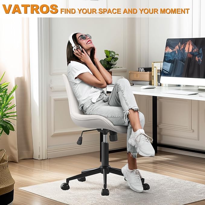 Office Chair, Armless Desk Chair with Wheels, Ergonomic Comfy Home Office Computer Task Chairs, Faux Leather Padded Cute Vanity Chair, Adjustable Height Swivel Chair with Back,White