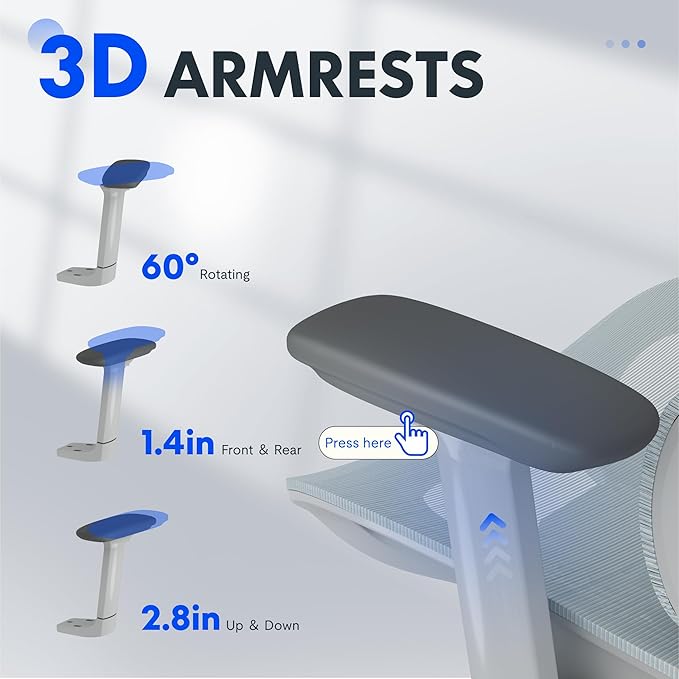 FLEXISPOT ErgoX Premium Ergonomic Office Chair with Footrest- Adjustable 3D Armrests, Dynamic Lumbar Support, Recline & Tilt Function, Mesh Seat, for Home & Office Use,Light Grey