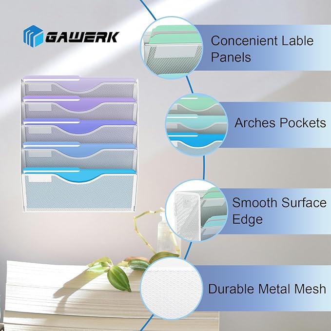 5 Tier Hanging Wall File Organizer, Mesh Mail Paper Orgnization Hanging File Folder Holder for Home Office, White
