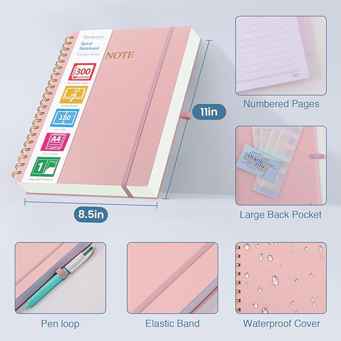 Spiral Notebook, 8.5” x 11” Notebooks for Work, 300 Numbered Pages College Ruled Notebook, Large Notebook for School with 24 Tabs, A4 Notebook Journal for Women Men, Thick Paper, Back Pocket, Purple