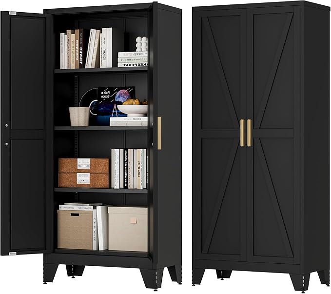 61H Metal Storage Cabinet with 2 Doors and 4 Shelves,Farmhouse Storage Cabinet with Barn Doors,Pantry Storage for Home,Office,Bathroom,Dining Room,Kitchen(Black)