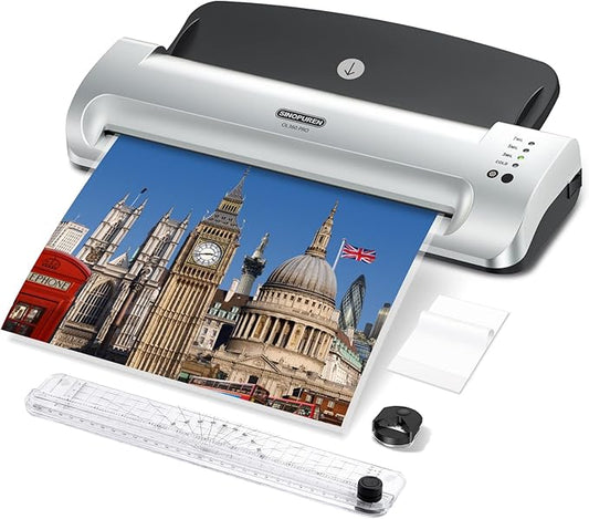 Laminator Machine, SINOPUREN 13-inch Thermal Laminator, with Paper Trimmer, Corner Rounder, 10 Pouches Sheets, Quick Warm-Up, Cold and Hot Laminating for Home/School/Office