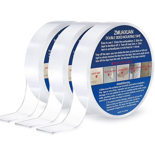 Clear Double Sided Adhesive Mounting Tape Heavy Duty Removable,Strong Picture Hanging Strips Wall Hangers,Sticky Tack Gel Putty Glue for Poster,Photo,Mirror,Carpet(9.85 Ft-3 Pack)