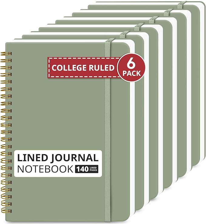 Taja Lined Spiral Journal Notebook for Work, 6 Pack, 140 Pages, College Ruled Hardcover Notebook Journal for Women, 6 Pcs, Journals for Writing, A5(6"x8") - Green