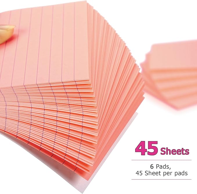 Early Buy 6 Pads Lined Sticky Notes with Lines 4x6 Self-Stick Notes Bright Color Sticky Notes, 45 Sheets/Pad (Pink)