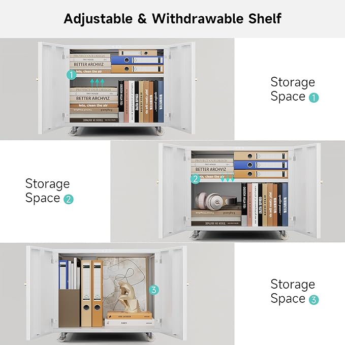 Warmiehomy Metal Printer Stand with Storage Mobile Printer Tables for Small Spaces with Door Adjustable Shelf White File Cabinet on Wheels for Home Office