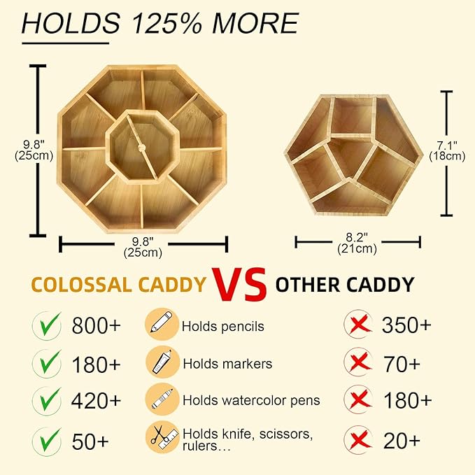 walowalo Bamboo Rotating Art Supply Organizer Holds 800+ Pencils Spinning Crayon Marker Pen Holder for Desk Brush Storage for Office School Classroom Organization Stationary (Larger Version)