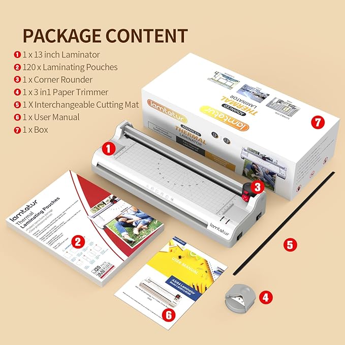 Laminator Machine 13Inch Wide with 120 Letter Size Laminating Sheets for A3/A4/A6,11X17 Thermal Hot&Cold 2 Roller Laminated 3-5Mil with Paper Cutter, Corner Rounder for Office Home School Teacher Use