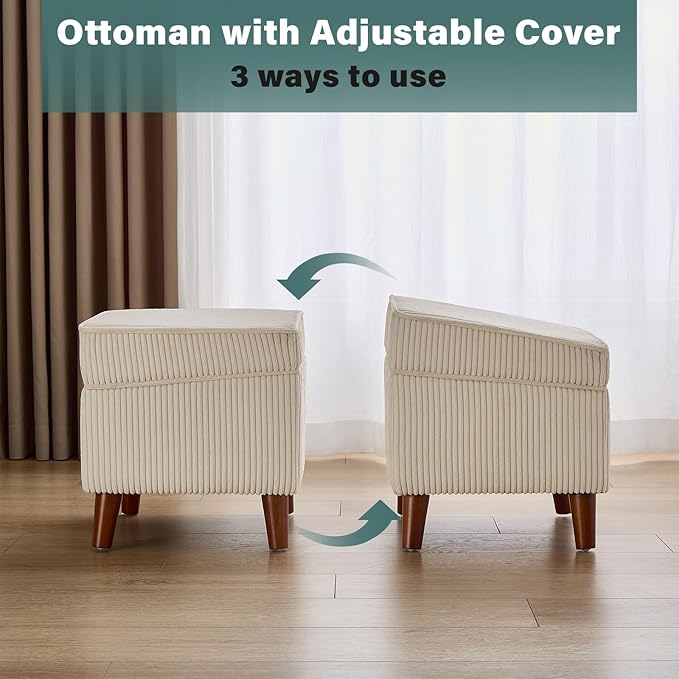 Storage Ottoman with Adjustable Lid, Soft Step Stool, Footrest and Seat, Ottoman Foot Rest for Living Room, Bedroom, Dorm, Beige