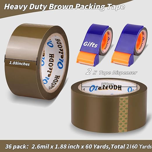 36 Rolls Brown Packing Tape with Dispenser, 1.88" X 60 yd Shipping Tape Bulk, Total 2160 yards, 2.6 mil, 3" Core, Tan Packing Tape Refills, Carton Sealing Tape for Moving Boxes, Package, Mailing
