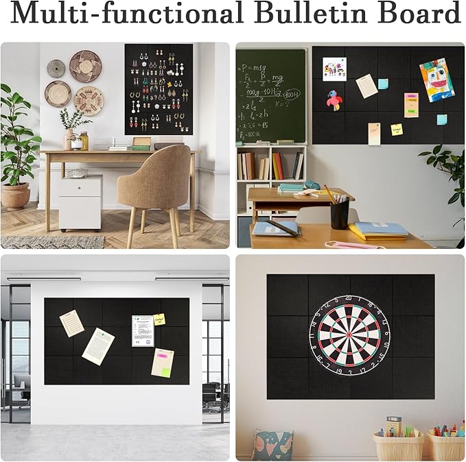 Large Cork Board Alternative, 12 Pack Felt Board with Safe Removable Adhesive Tabs Felt Wall Tiles, Large Cork Boards for Walls, Cork Board for Home Office, Pin Boards for Walls, Black