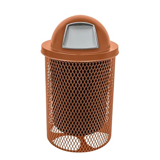32-Gallon Heavy-Duty Expanded Metal Round Trash Receptacle, Commercial Outdoor Waste Bin with Liner & Black Dome Lid – Made in America (Textured Copper)