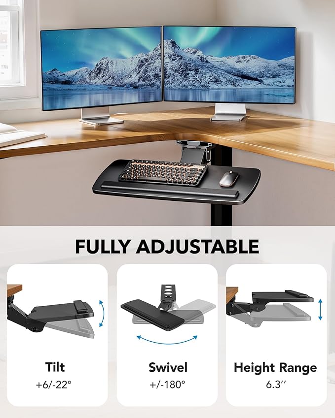HUANUO Keyboard Tray Under Desk, 360 Adjustable Under Desk Keyboard Tray Slide Out, Ergonomic Pull Out Keyboard Tray Under Desk, 25"W x 9.84"D